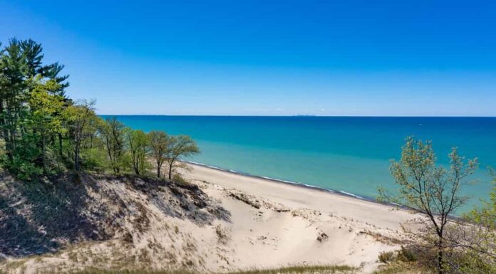 Parco nazionale delle dune dell'Indiana, Indiana, Stati Uniti.  La vista sul Lago Michigan e le dune di sabbia sono famose attrazioni per la spiaggia e le escursioni.