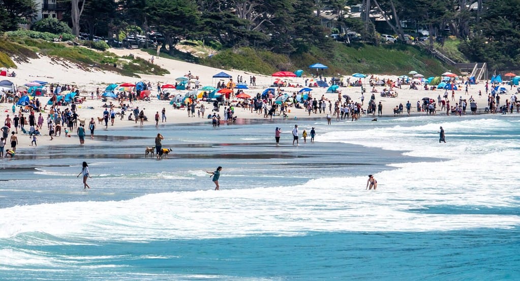 Un gran numero di persone si gode la costa del Pacifico della California al Carmel Beach, a Carmel by the Sea, adatto ai cani.