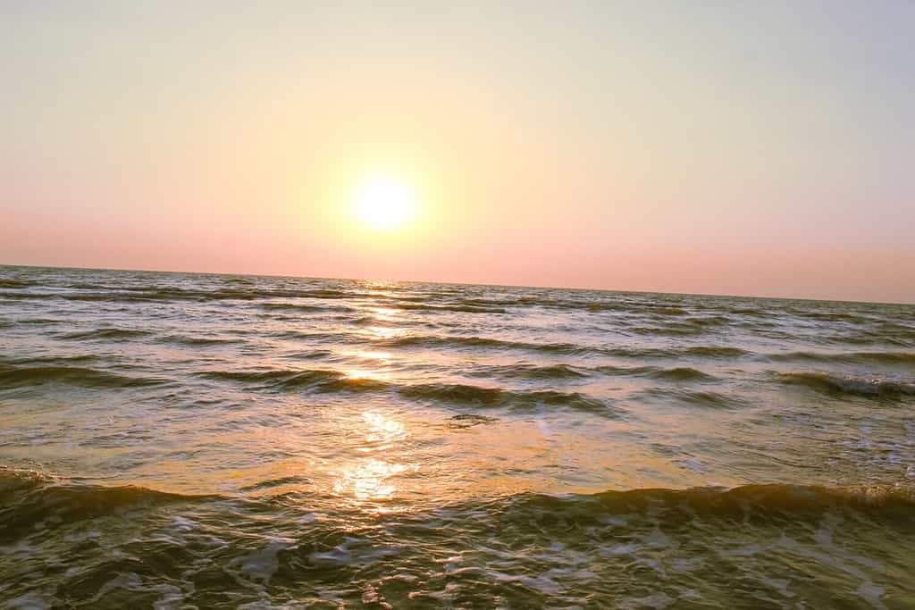 Bel tramonto estivo e il riflesso della luce solare sulle onde ruggenti delle acque dell'oceano, mare ruggente