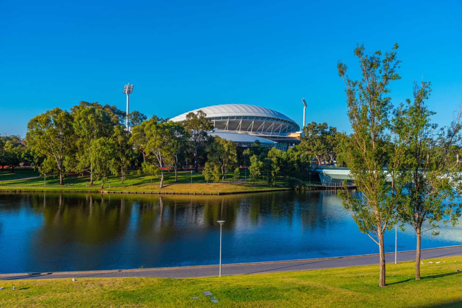 L'ovale di Adelaide visto dietro il fiume Torrens in Australia