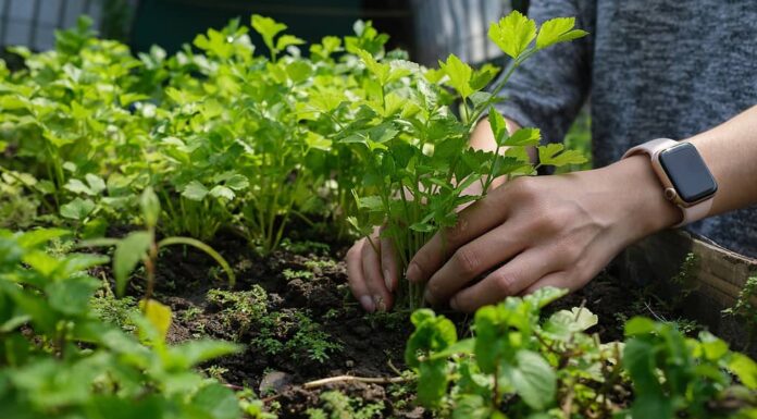 Le mani della donna che tendono al raccolto di sedano in giardino