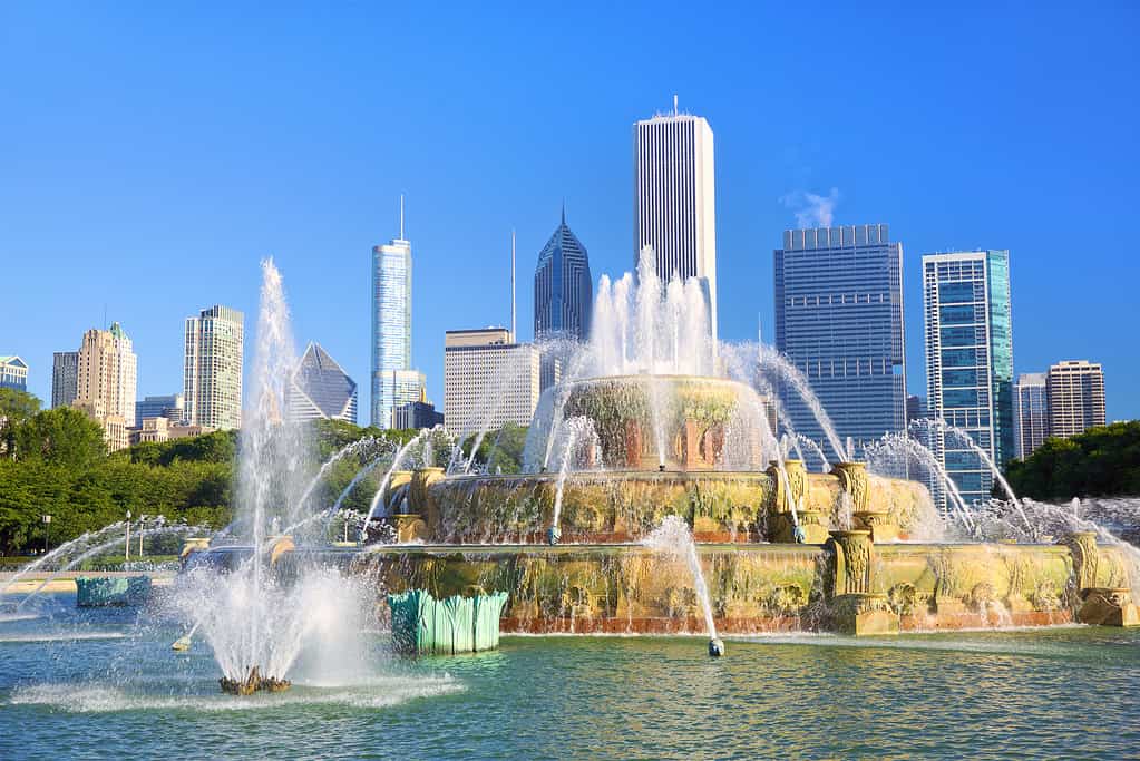 Orizzonte di Chicago e fontana di Buckingham