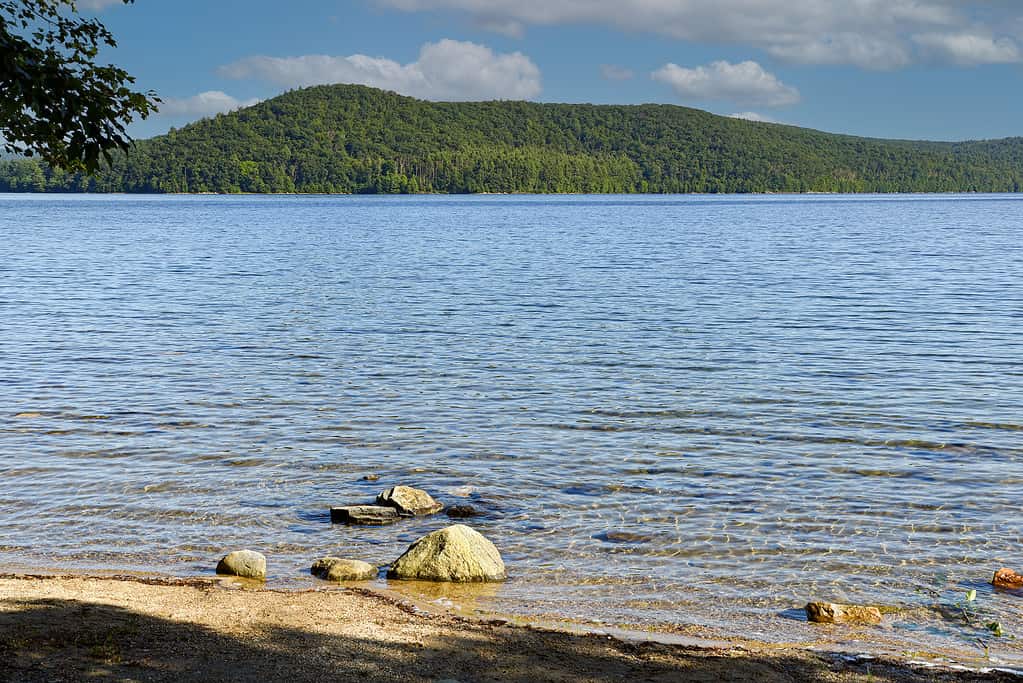 una vista del bacino idrico di Quabbin in una giornata estiva