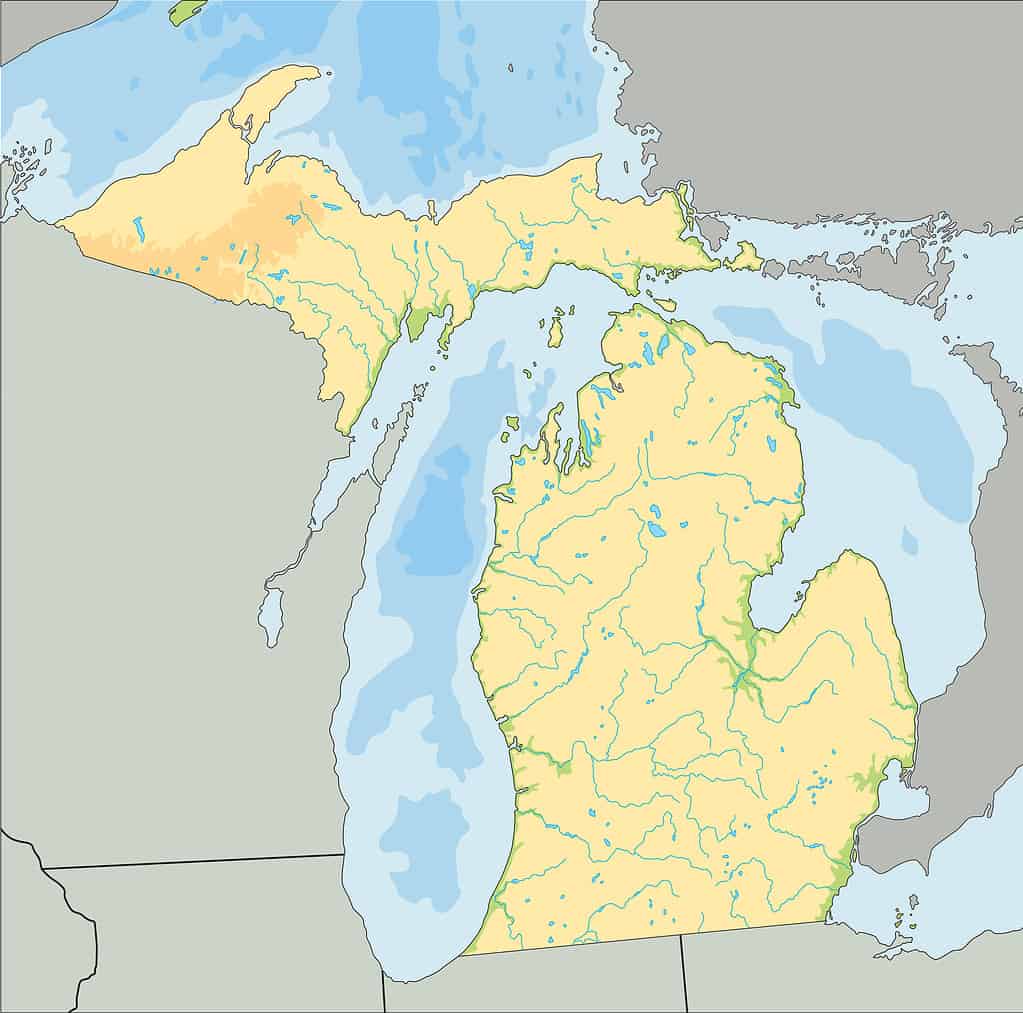Mappa fisica del Michigan altamente dettagliata.