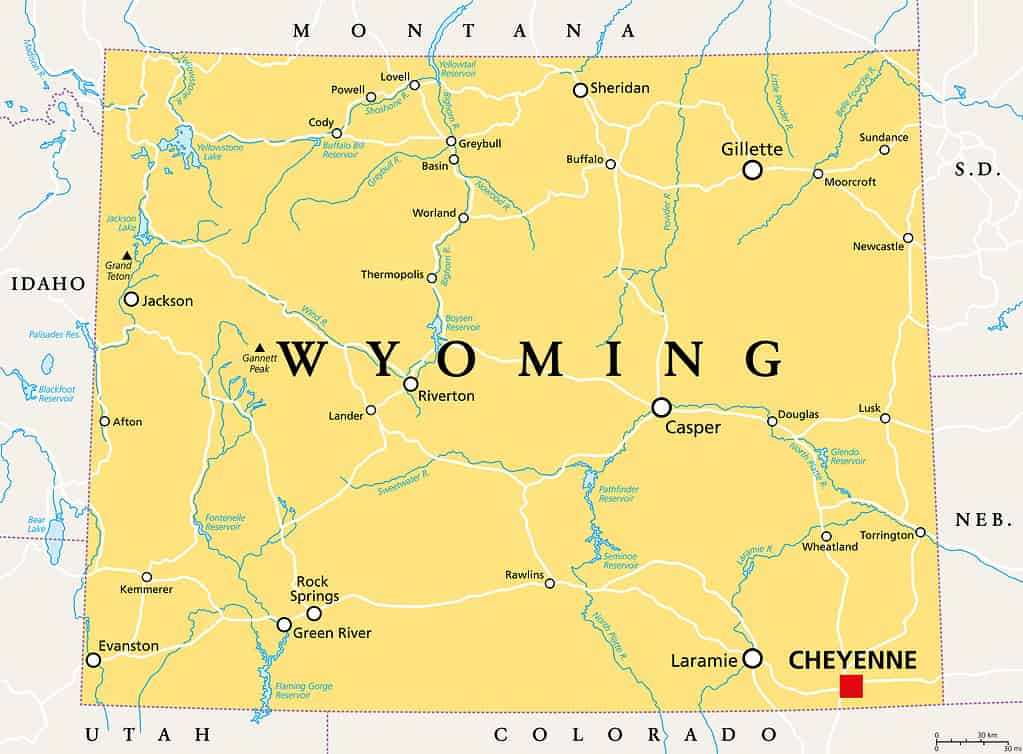 Wyoming, WY, mappa politica, stato americano, soprannominato Stato dell'uguaglianza