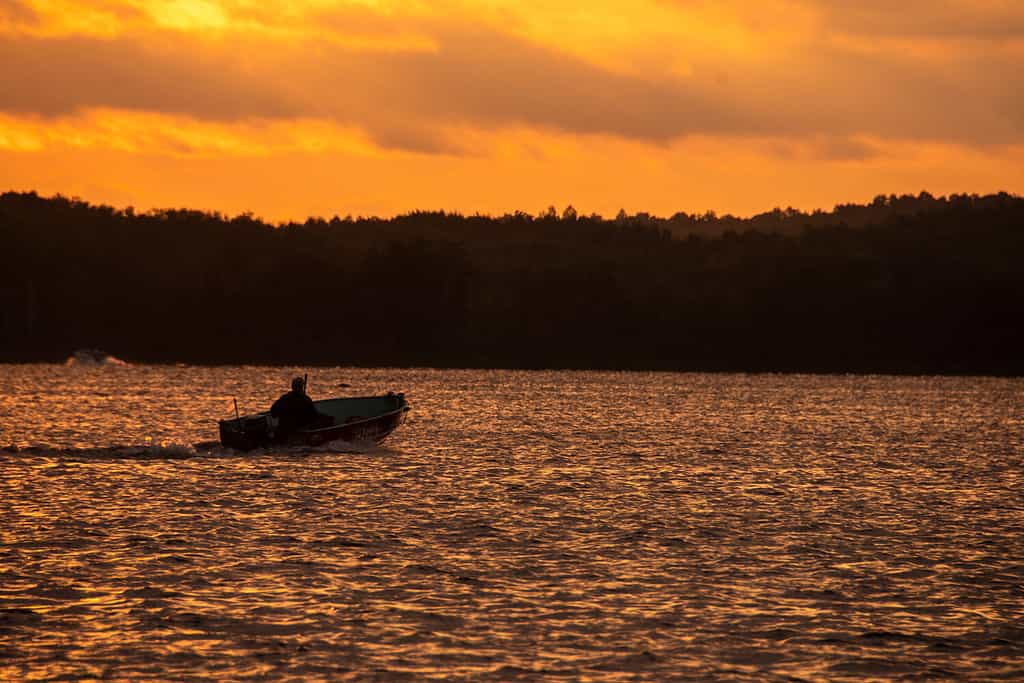 Una barca da pesca che torna a casa dopo una buona cattura sul lago Nelson a Hayward, WI