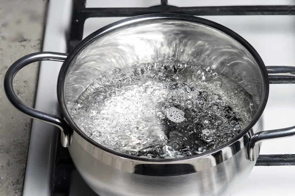 L'acqua bolle in una pentola di acciaio inossidabile su un fornello a gas.