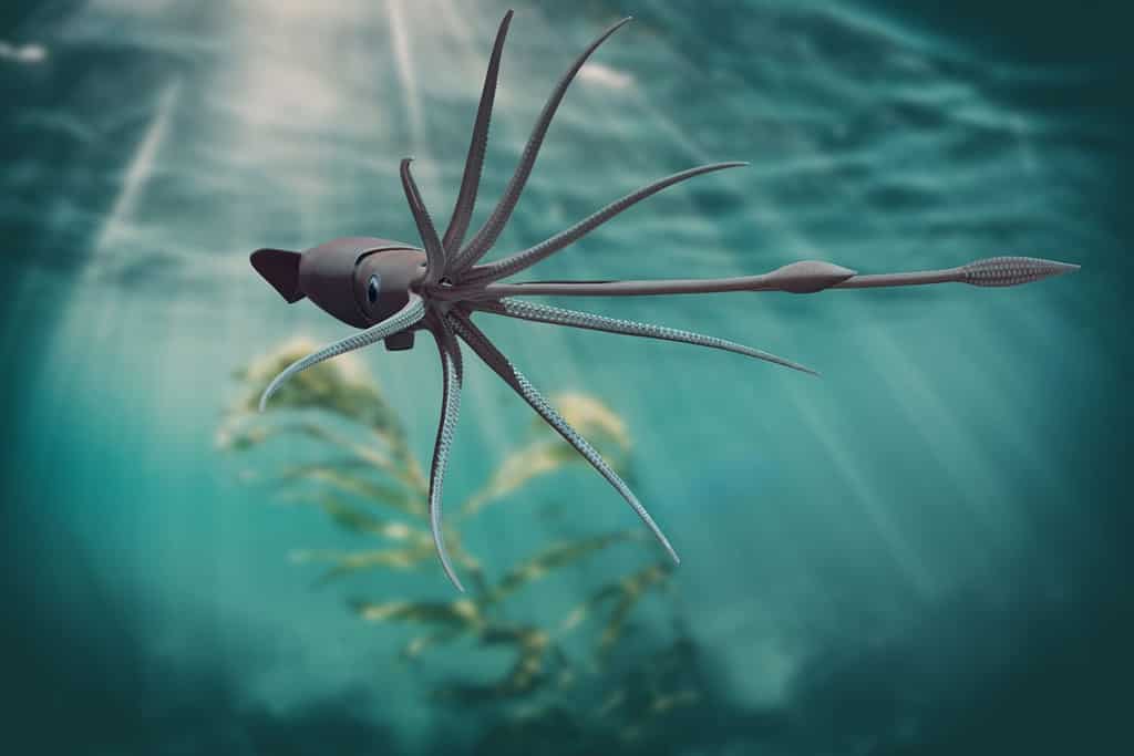 Il calamaro gigante è una specie di calamaro che vive nelle profondità oceaniche della famiglia Architeuthidae.  Il calamaro gigante nell'oceano profondo.