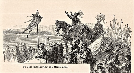 De Soto scopre il fiume Mississippi con soldati e preti cattolici nel 1541, una scena illustrata