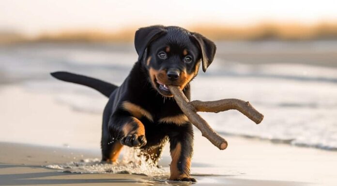 Felice cucciolo di rottweiler che corre e gioca su una spiaggia al tramonto.  Carino cagnolino che salta e spruzzi d'acqua.  Gioco di sabbia.