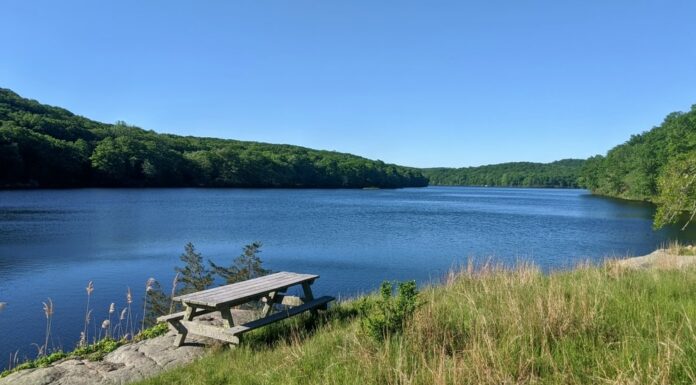 tavolo da picnic sul lago sebago nel parco statale di harriman (sette laghi, stato di new york, contea di rockland) 7 laghi, acqua blu, paesaggio
