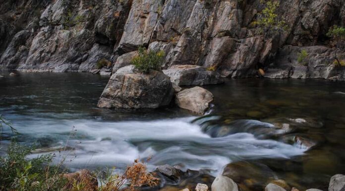 Dettaglio del fiume Kern vicino a Kernville nel sud della California.  Un popolare luogo di pesca a mosca.