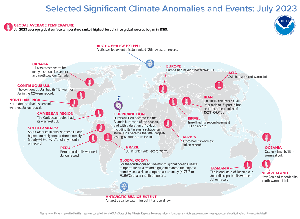 NOAA Anomalie climatiche ed eventi per luglio 2023 (luglio più caldo mai registrato)