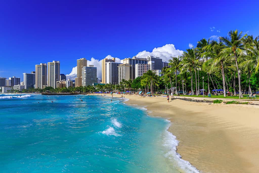 Honolulu, Hawaii.  La spiaggia di Waikiki e lo skyline di Honolulu.