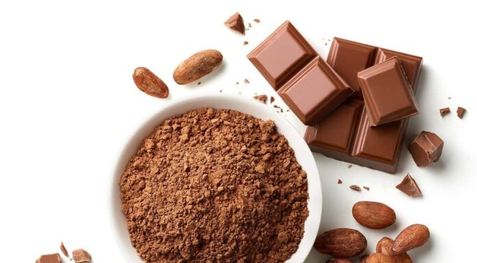 Ciotola di cacao in polvere, pezzi di cioccolato rotti e fave di cacao isolati su sfondo bianco, vista dall'alto