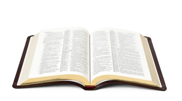 aprire il libro della Sacra Bibbia isolato su sfondo bianco