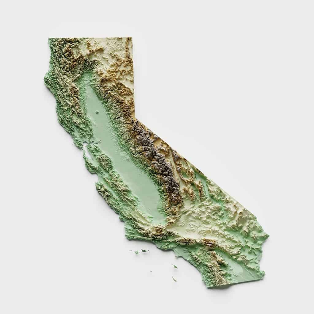 Mappa dei rilievi topografici della California - rendering 3D