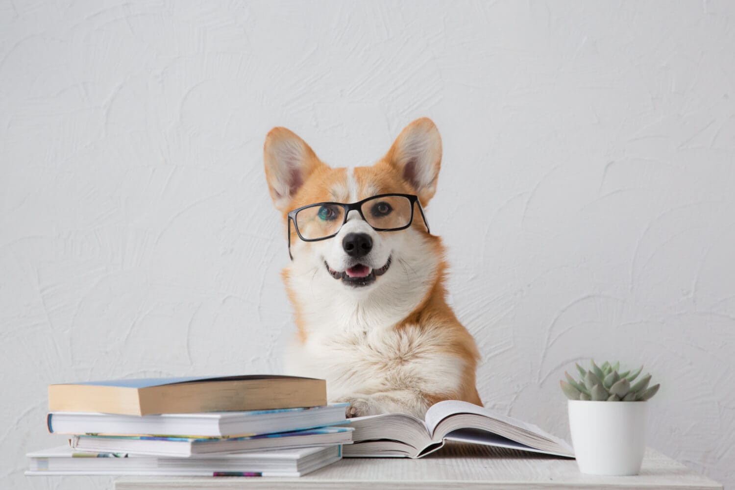 Cane corgi intelligente e divertente con gli occhiali seduto con i libri, che legge e studia sorridente su sfondo bianco
