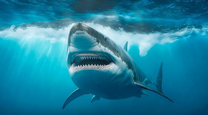 Vista dal basso dello squalo oceanico dal basso.  Aprire la bocca pericolosa con molti denti.  Il mare blu subacqueo ondeggia lo squalo d'acqua limpida che nuota in avanti