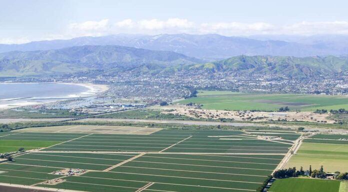Vista aerea dei campi agricoli di Oxnard in primavera Ventura County, California