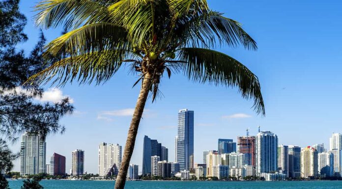 Orizzonte del centro di Miami durante il giorno con Biscayne Bay.