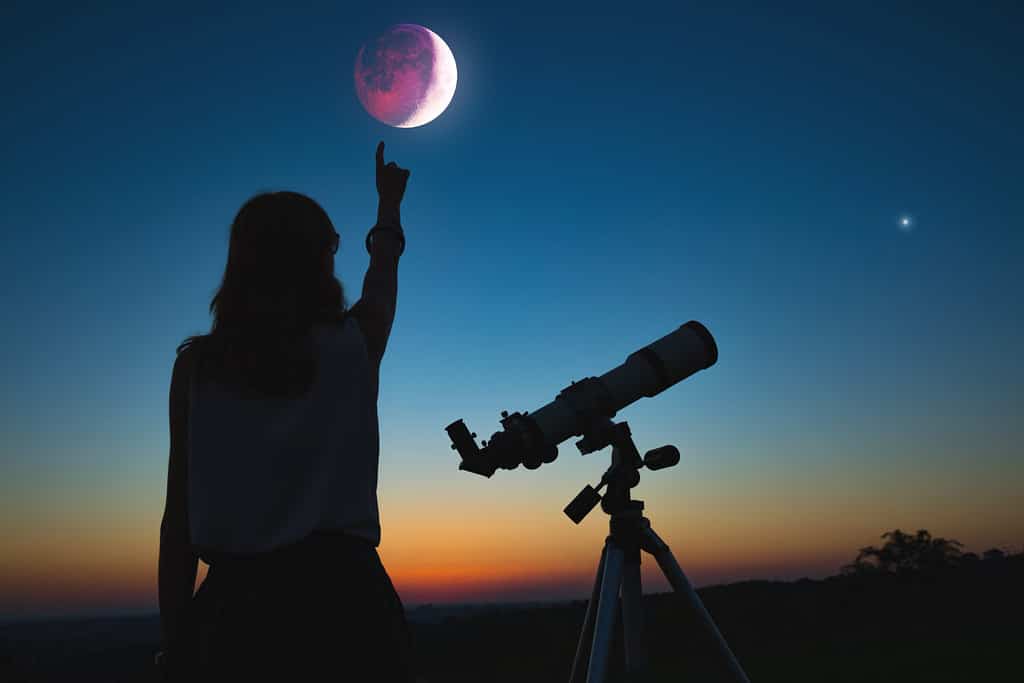 Ragazza che guarda l'eclissi lunare attraverso un telescopio.  Il mio lavoro di astronomia.