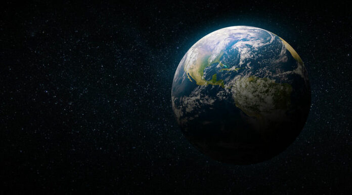Terra nello spazio.  Pianeta blu per carta da parati.  Pianeta verde o globo sulla galassia.  Elementi di questa immagine forniti dalla NASA