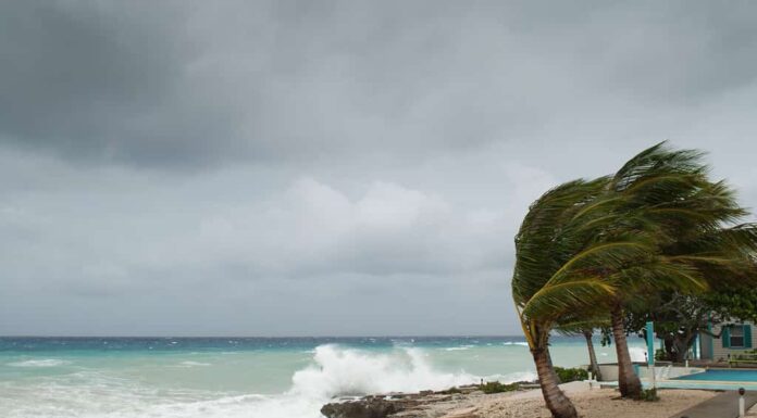 Un uragano sta per abbattersi su questa capanna sulla spiaggia caraibica.  I mari sono in tempesta e i cieli mostrano la tempesta tropicale mentre si dimostra il potere della natura.  Le onde si infrangono sulla riva