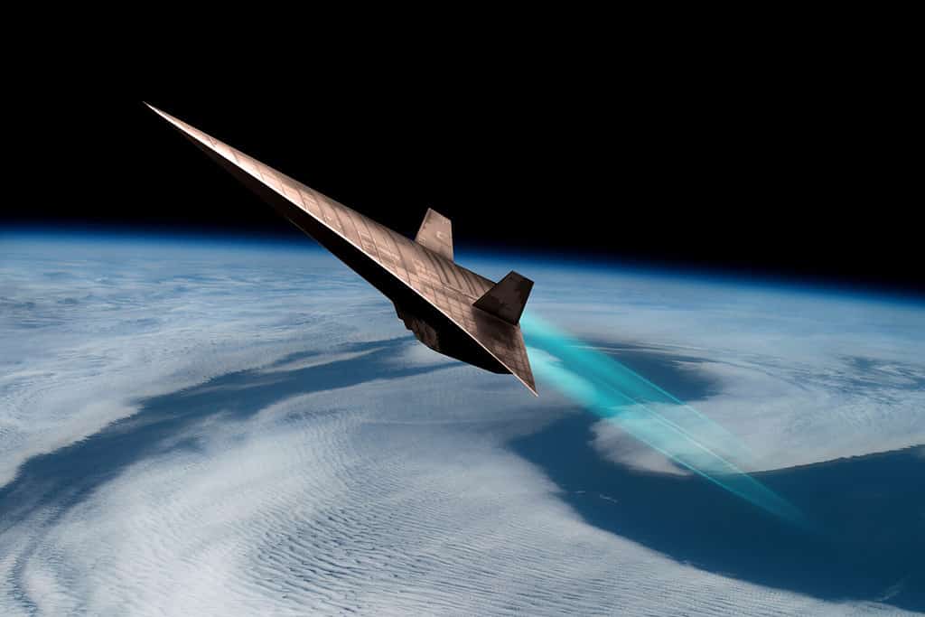 Uno scramjet senza equipaggio vola verso lo spazio vicino al bordo dell'atmosfera terrestre.  I due motori utilizzano l'aria rarefatta per l'ossigeno.  - Elementi di questa immagine per gentile concessione della NASA