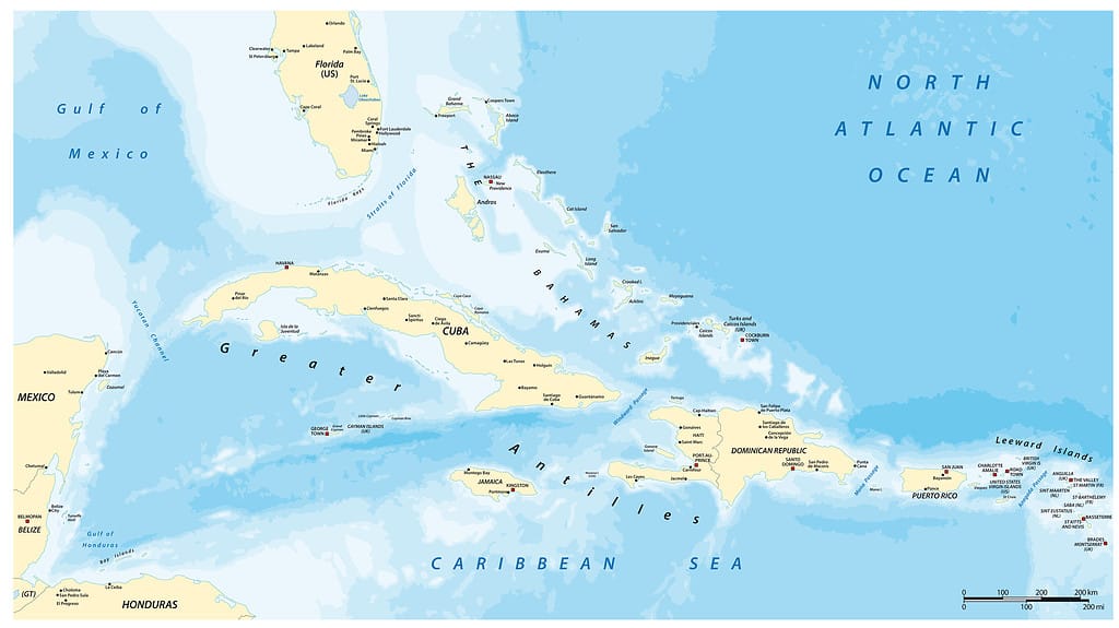 Mappa vettoriale politica delle Grandi Antille con etichettatura inglese