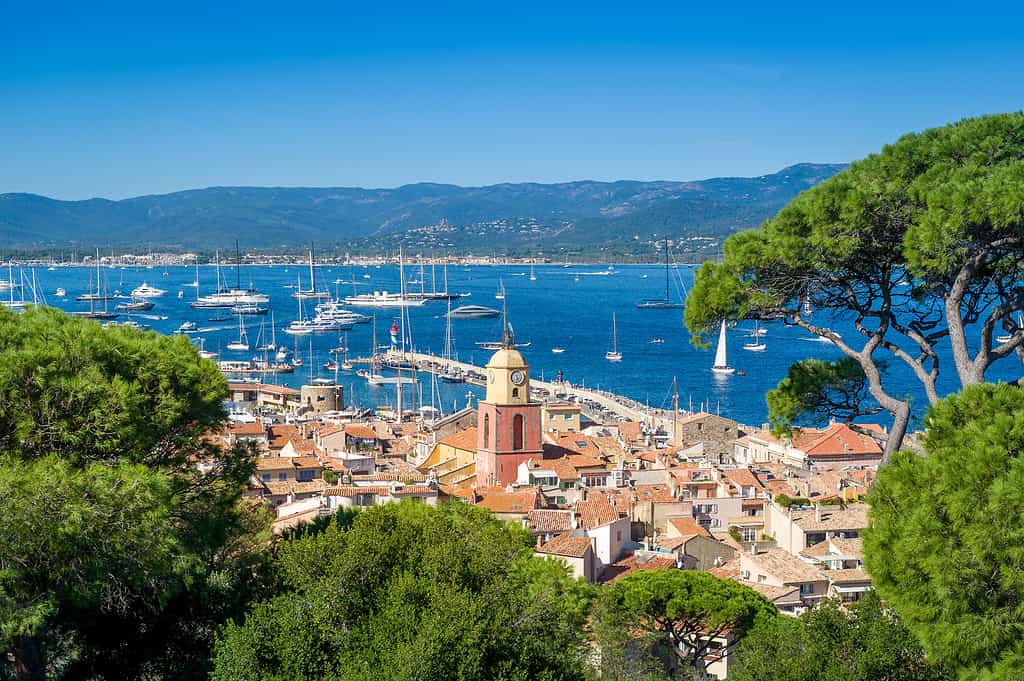 Vista della città vecchia di Saint-Tropez e del porto turistico dalla fortezza sulla collina