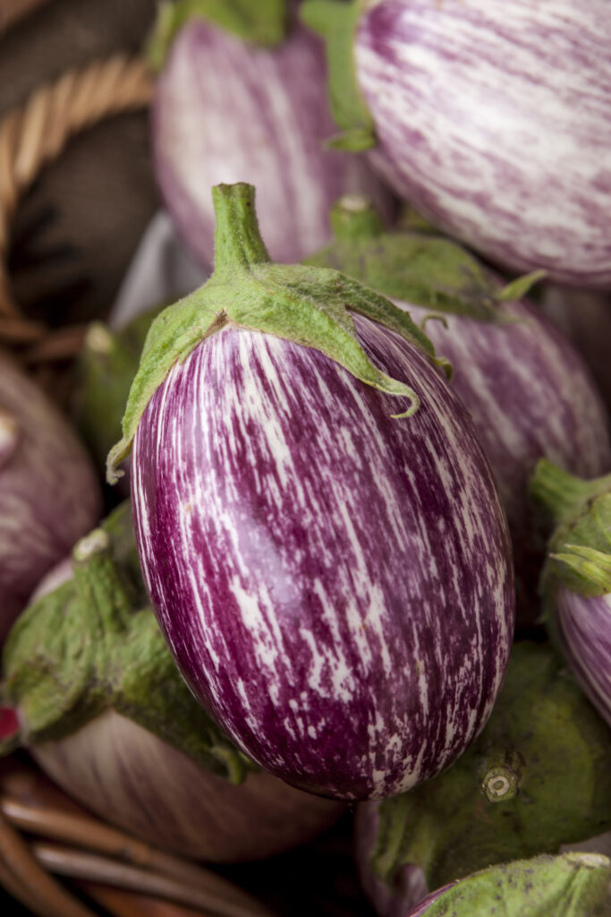 Primo piano di una melanzana zebrata, un ortaggio che inizia con Z.