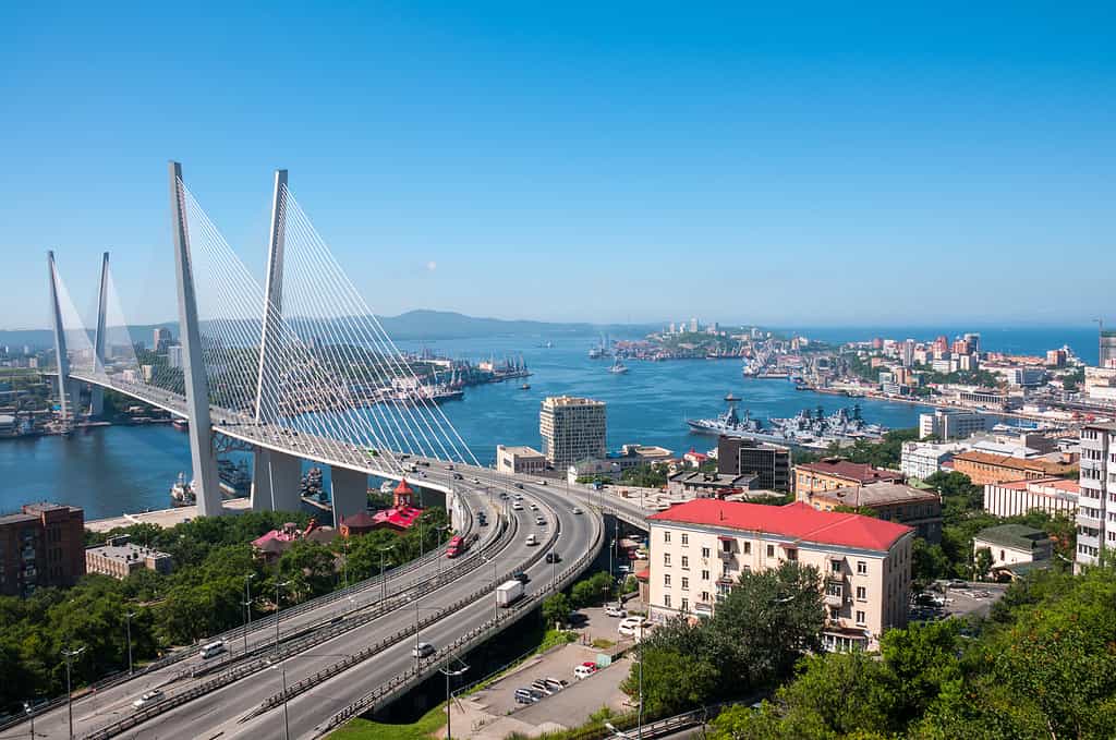 Russia, Vladivostok, luglio 2018: Vista del ponte d'oro sulla baia del Corno d'Oro di Vladivostok
