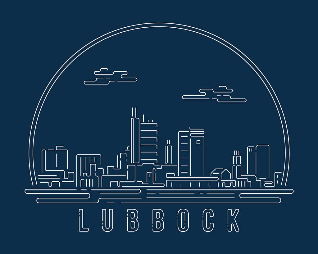 Lubbock - Paesaggio urbano con linea astratta bianca curva ad angolo in stile moderno su sfondo blu scuro, disegno di illustrazione vettoriale di skyline della città della costruzione