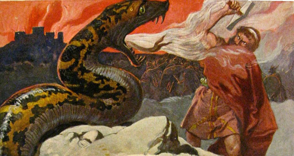 Thor e il Midgardsschlange.  Una scena di Ragnarök, la battaglia finale tra Thor e Jörmungandr.