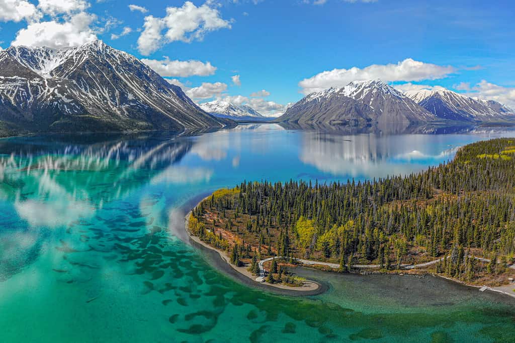 Veduta aerea del lago Kathleen nel Canada settentrionale, Haines Junction, territorio dello Yukon in una perfetta giornata di cielo azzurro.  Preso a giugno con la foresta boreale che circonda lo splendido lago sottostante.