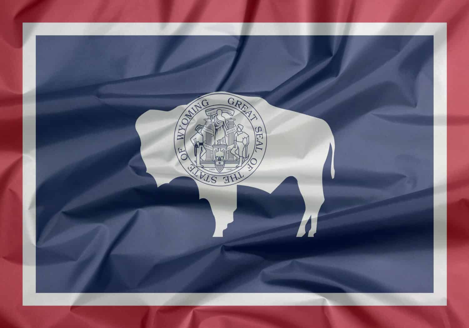 Bandiera in tessuto del Wyoming.  Piega dello sfondo della bandiera del Wyoming, gli stati d'America.  Il sigillo sul bisonte americano in blu con bianco e rosso.