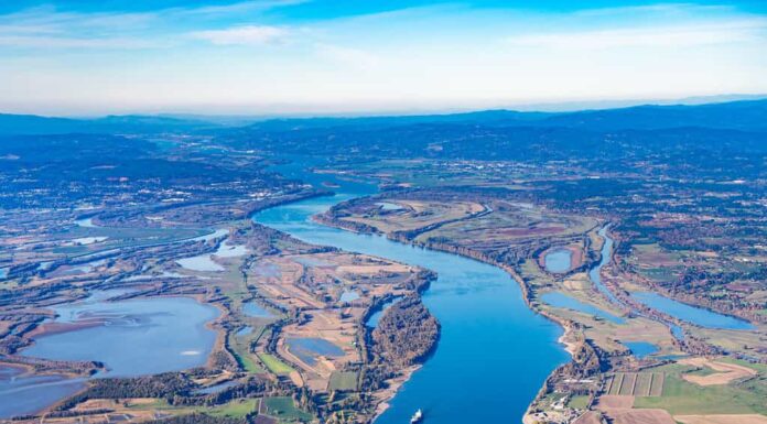 Veduta aerea della fattoria e dell'area faunistica dell'isola di Sauvie e del fiume Columbia che conduce a ovest verso Astoria, Oregon, da Vancouver, Washington