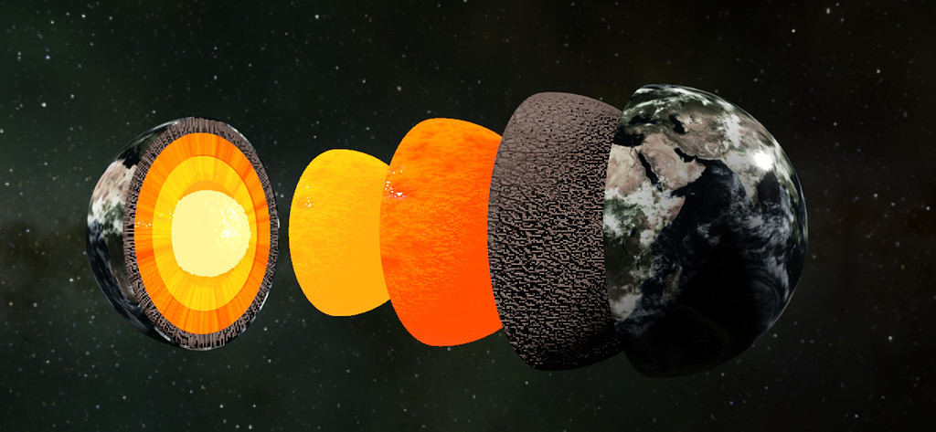 I quattro strati principali della Terra: crosta, mantello, nucleo interno e nucleo esterno.