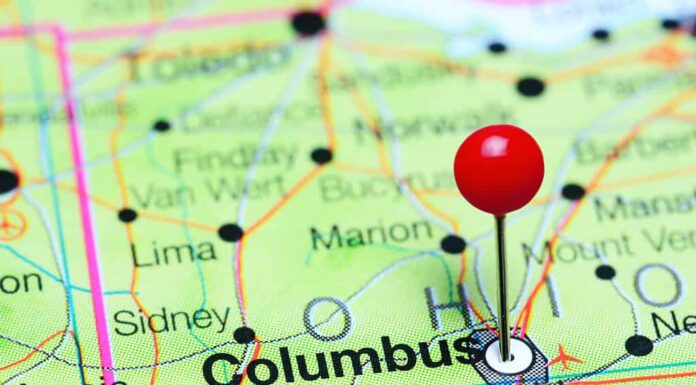 Columbus appuntato su una mappa dell'Ohio, Stati Uniti