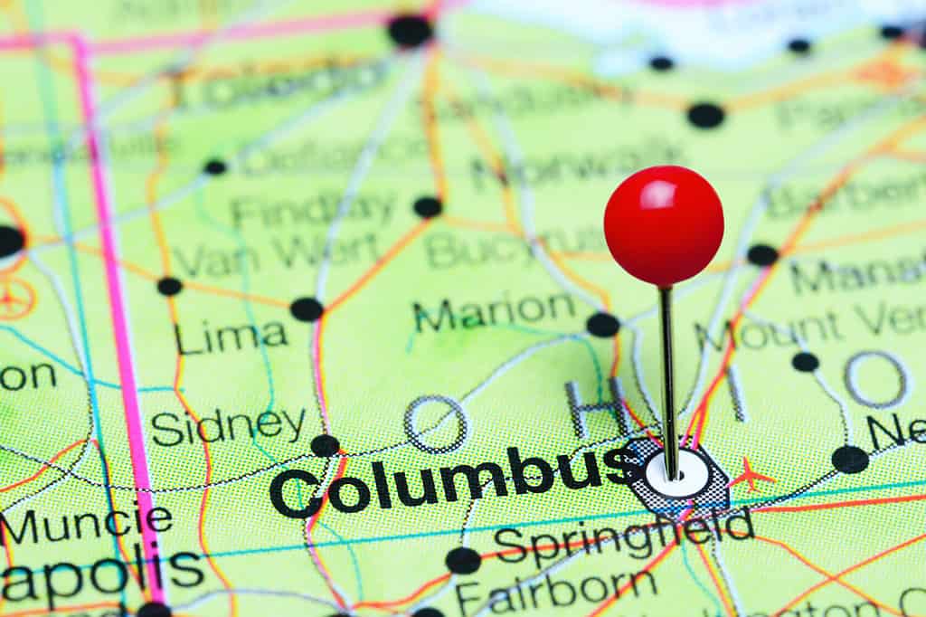 Columbus appuntato su una mappa dell'Ohio, Stati Uniti