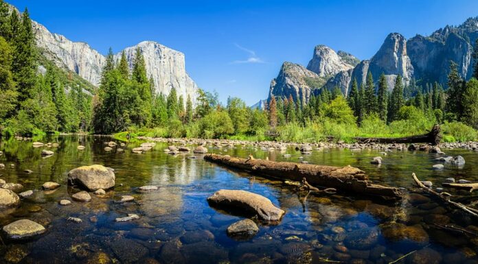 Vista panoramica panoramica della famosa Yosemite Valley con la cima di arrampicata su roccia El Capitan e l'idilliaco fiume Merced in una bella giornata di sole con cielo azzurro in estate, Parco nazionale Yosemite, California, Stati Uniti