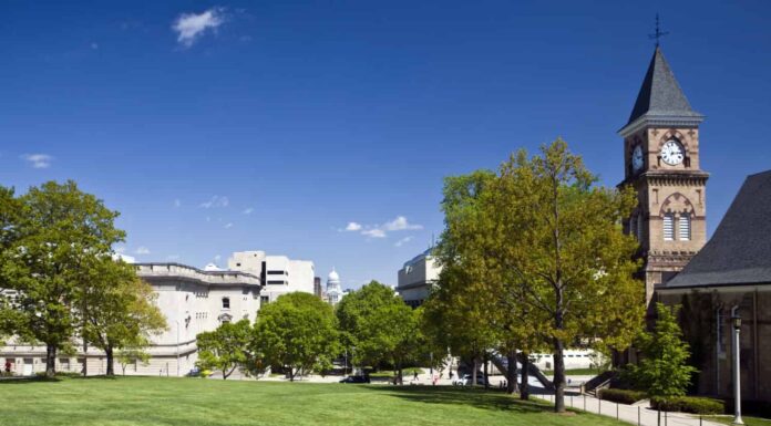 Il verde rigoglioso del prato e degli alberi del campus della UW a Madison, nel Wisconsin, contrasta con il Campidoglio in lontananza.
