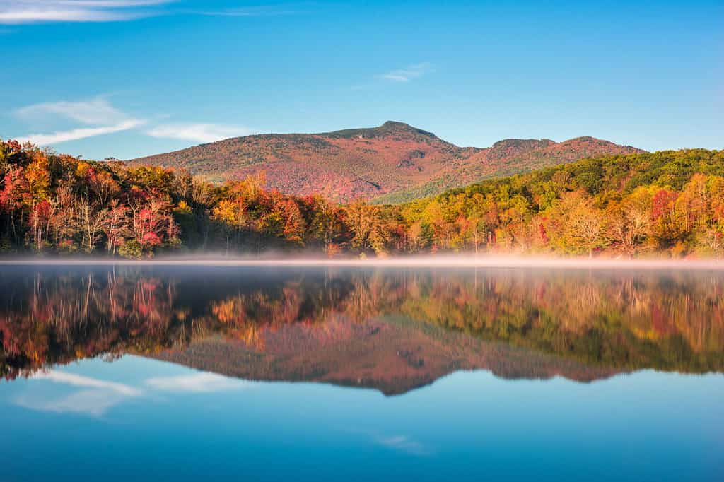 Grandfather Mountain, Carolina del Nord, Stati Uniti sul Price Lake in autunno.