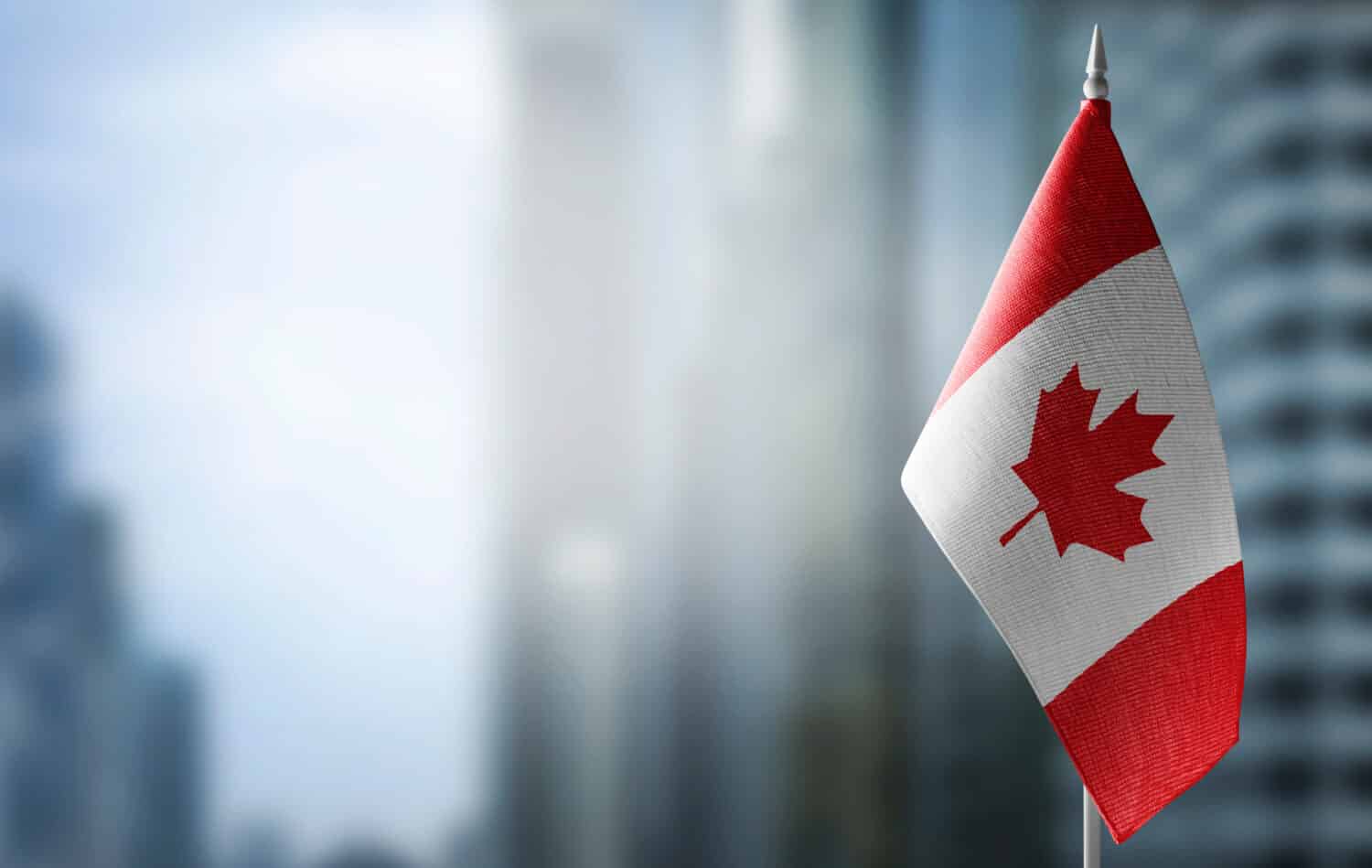 Una piccola bandiera del Canada sullo sfondo di uno sfondo sfocato