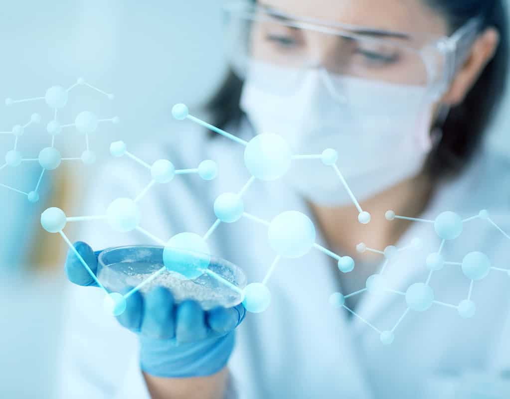 scienza, chimica, biologia, medicina e concetto di persone - primo piano di una giovane scienziata che tiene una capsula di Petri con polvere in laboratorio clinico