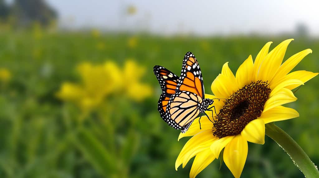 farfalla monarca sul fiore.  Immagine di una farfalla monarca su girasole con sfondo sfocato.  Immagine di riserva della natura di un insetto del primo piano.  L'immagine più bella di una farfalla con le ali sui fiori.