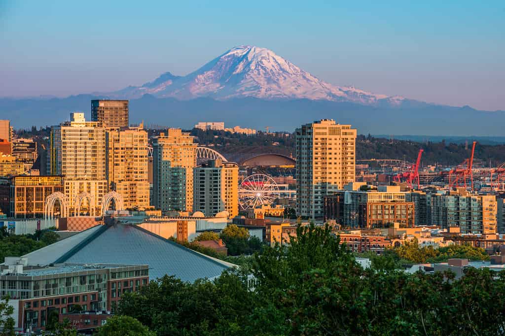 Bellissima Seattle la sera con il Monte Rainer