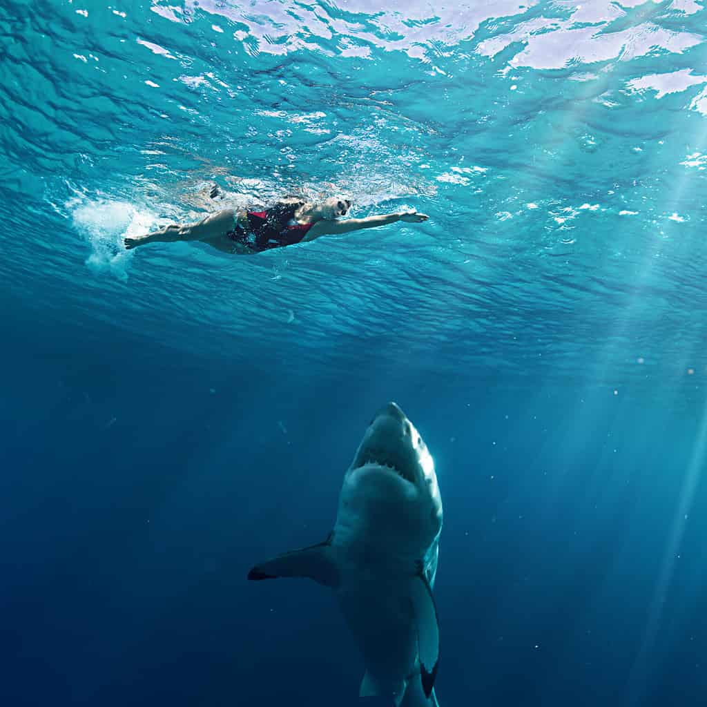 Nuotatore d'attacco del grande squalo bianco