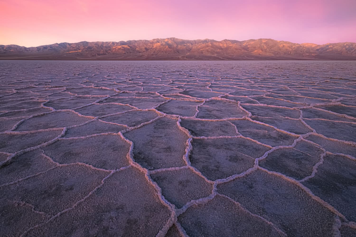 Bellissimo paesaggio stimolante e struttura di salgemma delle saline del bacino di Badwater sotto un tramonto colorato e vibrante o un cielo rosa all'alba nel Parco nazionale della Valle della Morte, Stati Uniti.